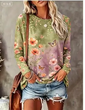 Women Long Sleeve T‑Shirt Gradient Background Watercolor Floral Bird Print Crew Neck Loose Casual Daily Tops - view 4