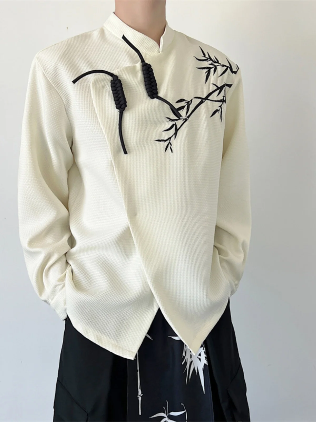 

Мужская повседневная свободная рубашка из льна с вышивкой бамбуком, в китайском стиле, с круглым вырезом, приталенная, для молодежи, на все сезоны