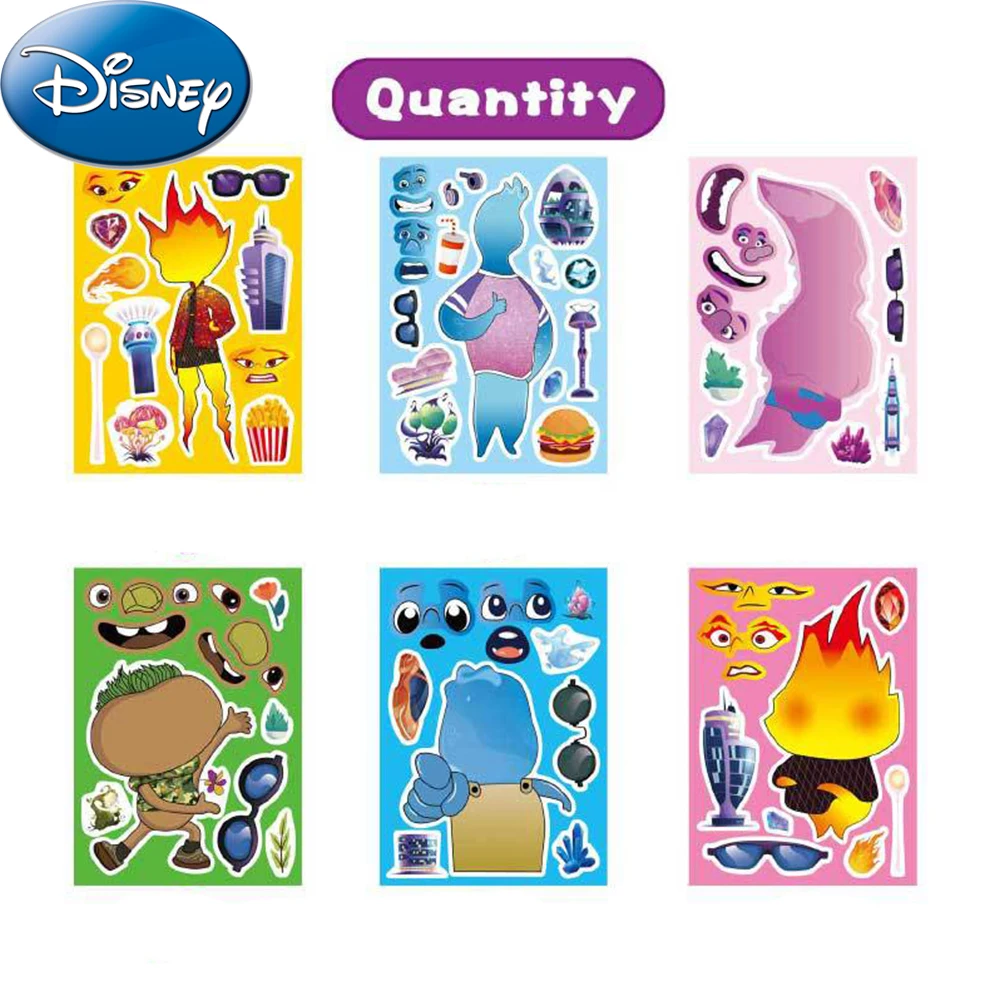 

6/12sheets Disney Elemental Cartoon Puzzle Stickers Make A Face Children Funny Decals DIY Assemble Jigsaw Kids Educational Toys