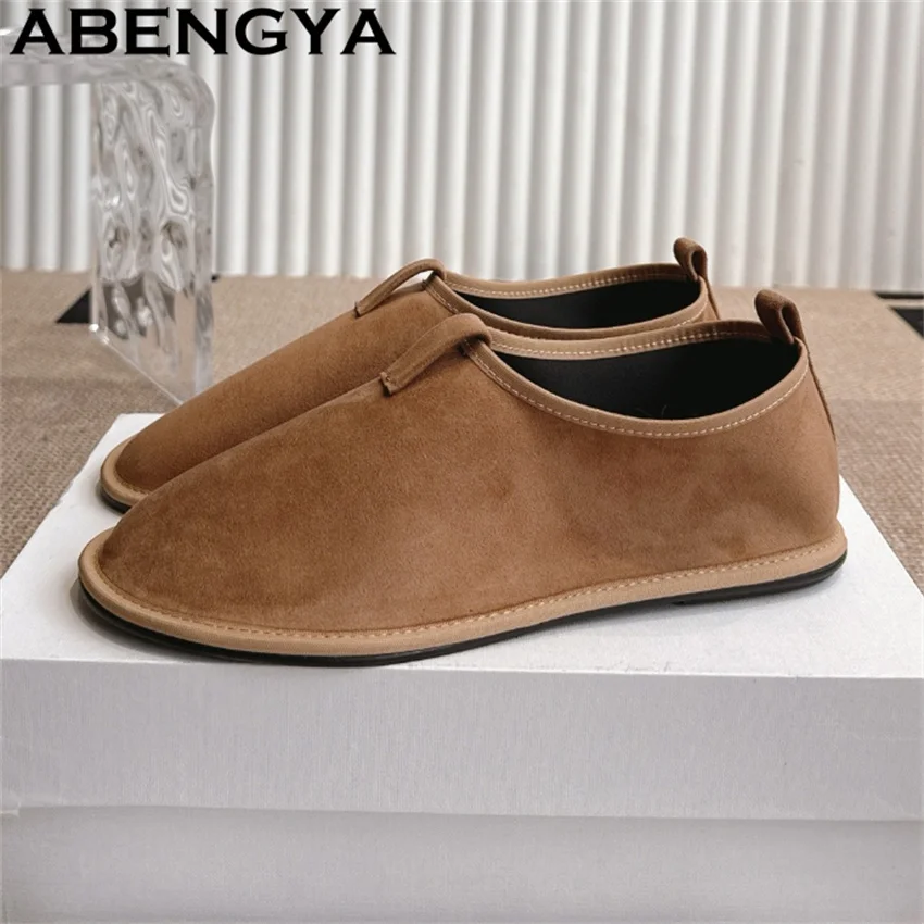

Round Toe Suede Leather Loafer Flat Shoes Women Thin Bottom All Match Doudou Shoes Spring Autumn Solid Color Casual Shoes Woman