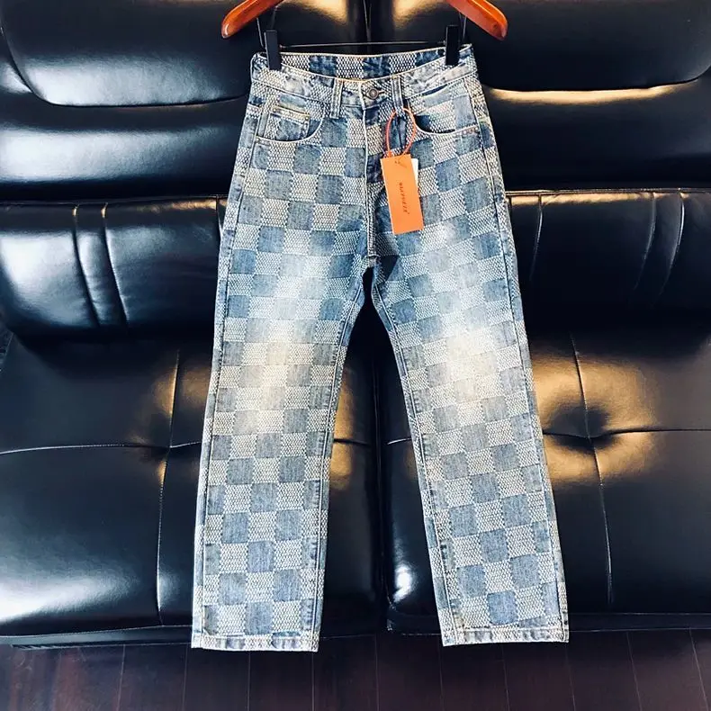 

Свободные синие джинсы, мужские весенне-осенние американские модные прямые брюки с клетчатым принтом и принтом
