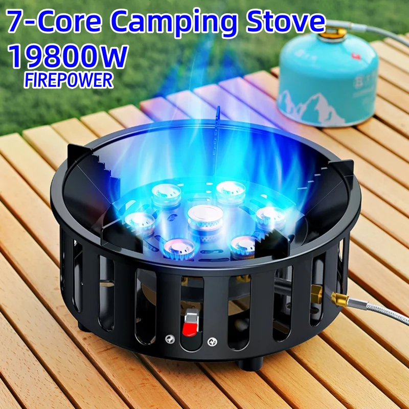 21000W 7-Core Camping Stove High-Power Strong Fire Portable Tourist Gas Burner Windproof Electronic Ignition Camping Equipment