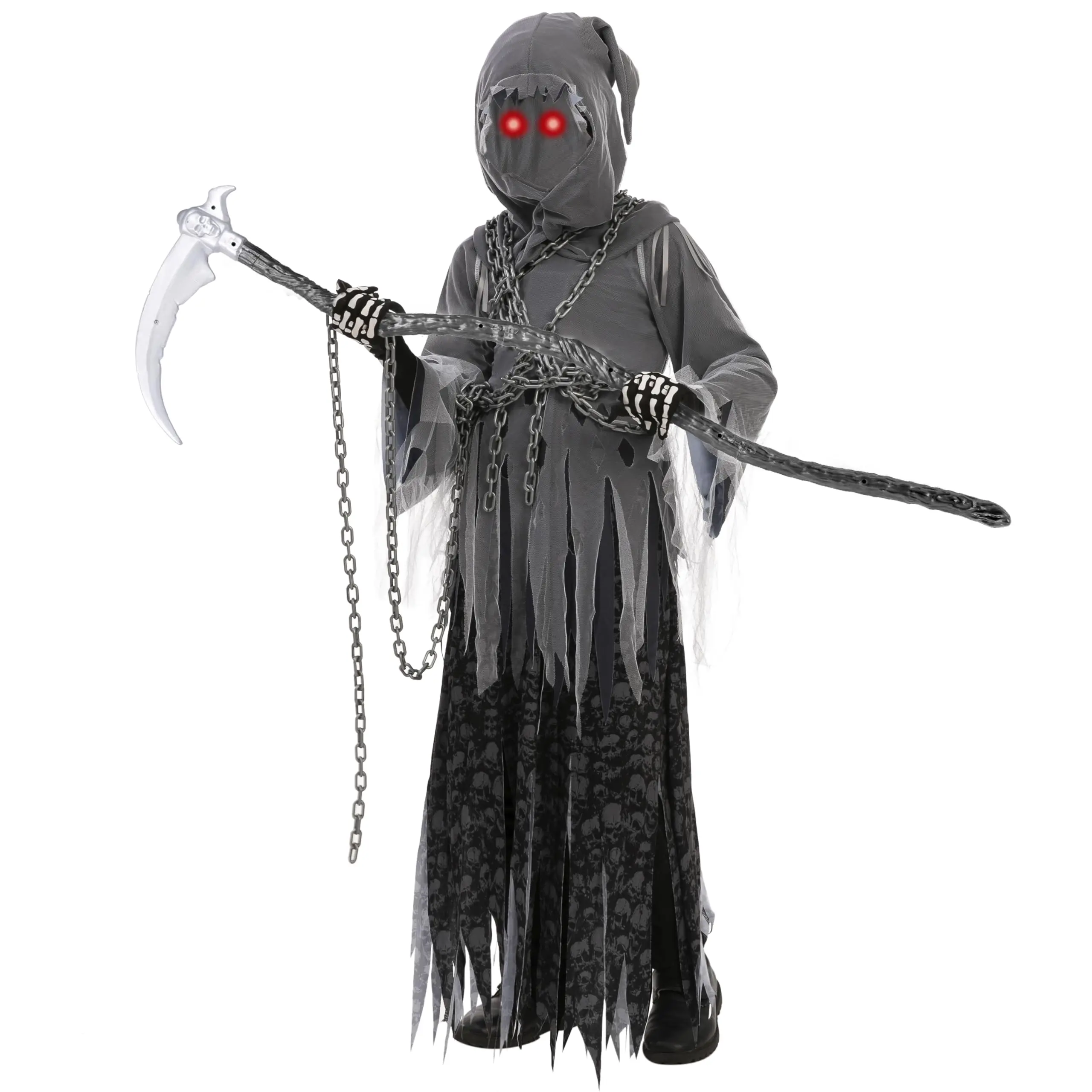 Spooktacular Creations Child Unisex Grim Reaper Costume, Halloween Costume with Glowing Red Eyes for Kids Trick-or-Treating