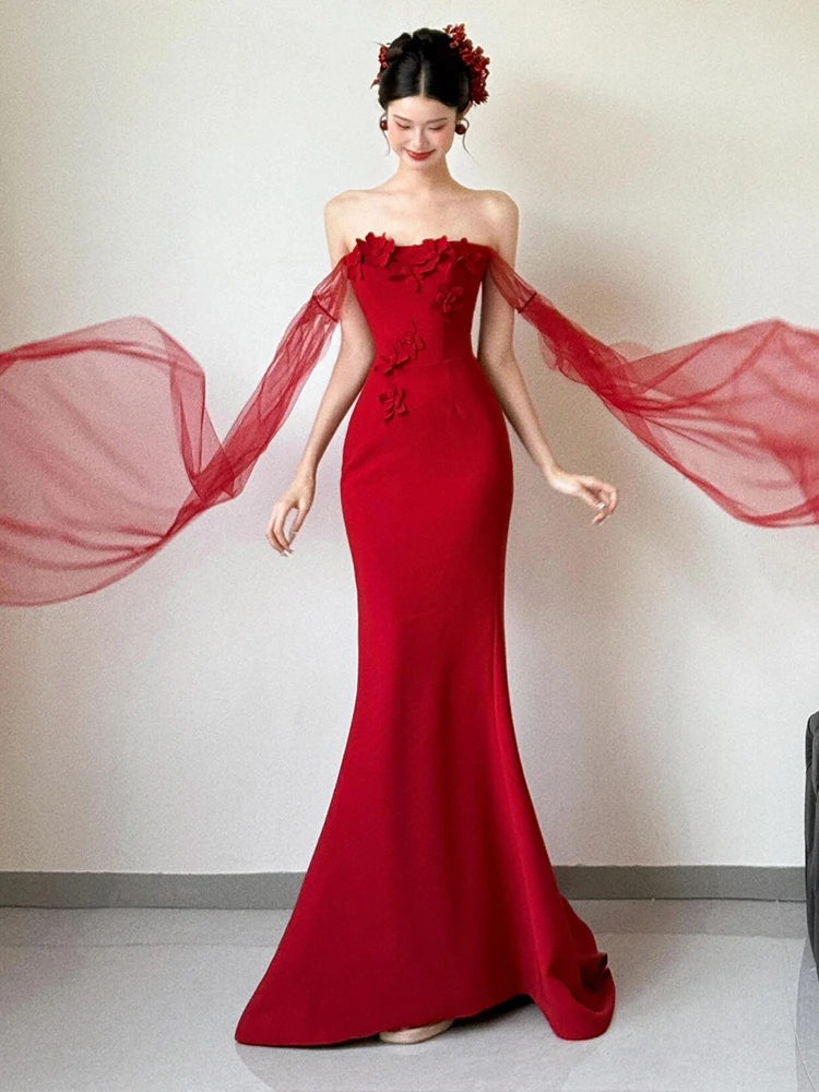 

Свадебное вечернее платье для невесты на одно плечо из атласа, красное, с шлейфом, длиной в пол, силуэт «русалка», элегантное, изящное