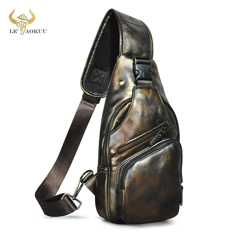 

Hot Sale Genuine Cow Leather Women Fashion Travel Triangle Chest Sling Bag Design 8" Tablet Shoulder Strap Bag Daypack Male 8015