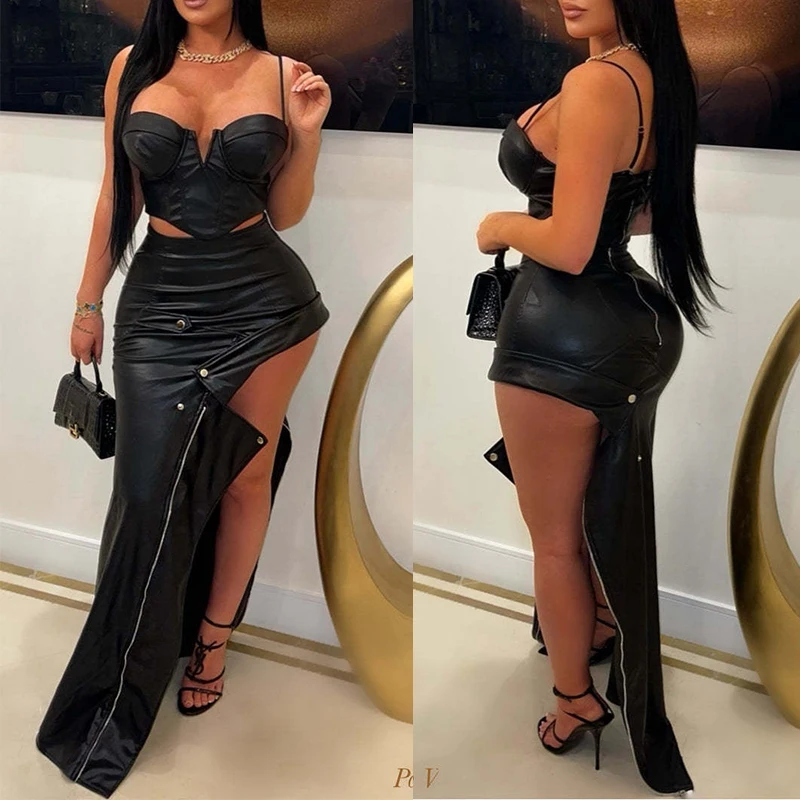 

2025 High Waist Pu Leather Metal Irregular Split Sexy Women Black Maxi Skirts Nightclub Autumn Party Long Bodycon Skinny Skirt