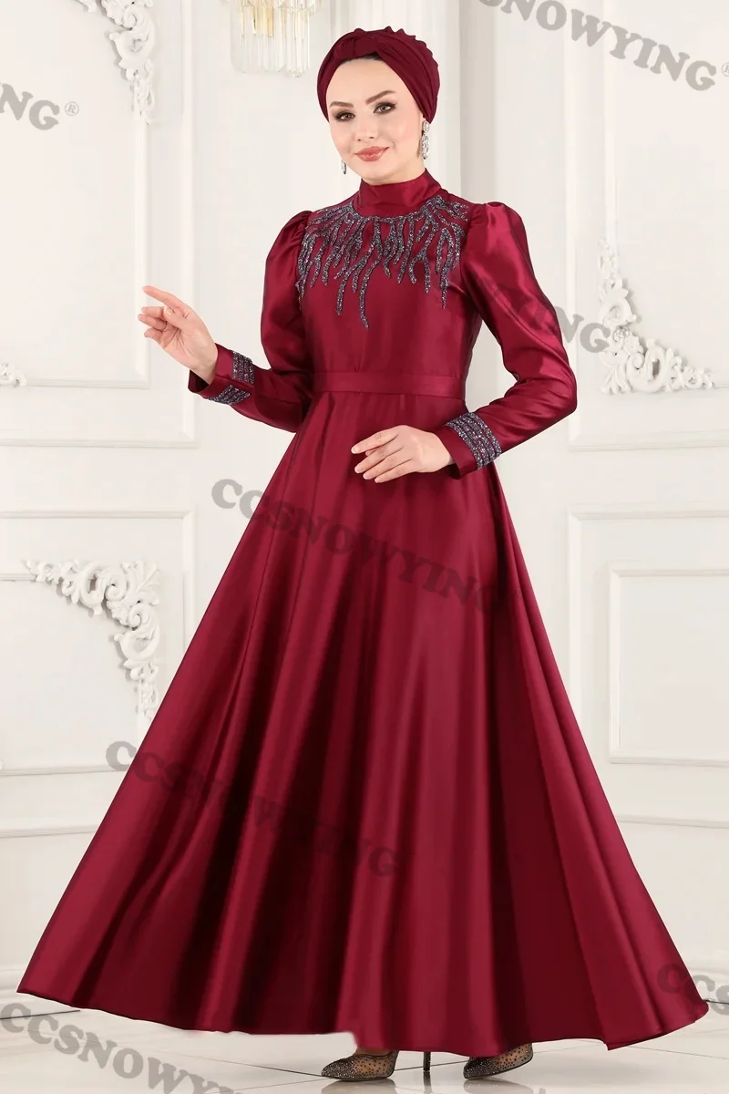 

Burgundy Appliques Beaded Hijab Muslim Evening Dresses Islamic Long Sleeve Women Formal Party Gown Arabic Dubai Robes De Soirée