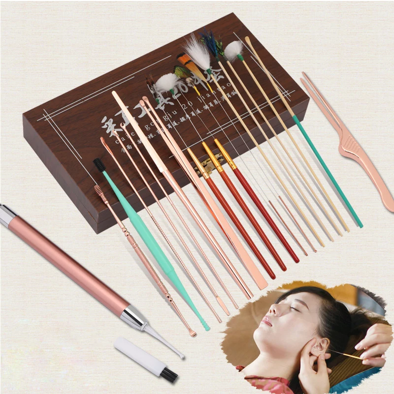 20-Piece Ear Cleaning Kit LED Light Ear Pick Spiral Earwax Remover Goose Feather Swabs Tweezers with Wooden Case Ear Care Set