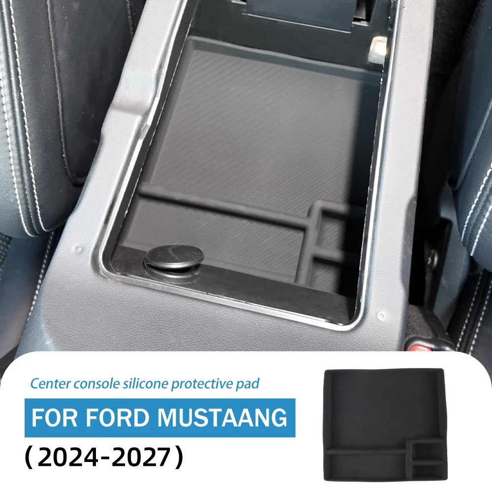 For Ford Mustang 2024-2027  Armrest Storage Silicone Mat Black Anti Slip Pad Center Console Protector Interior Accessories