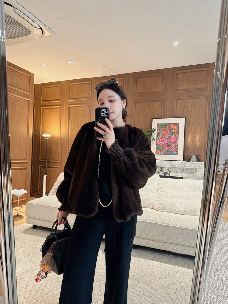 Lautaro Autumn Winter Brown Thick Warm Soft Faux Mink Fur Coat Women Lantern Sleeves Elegant Luxury Chic Fluffy Jacket 2026