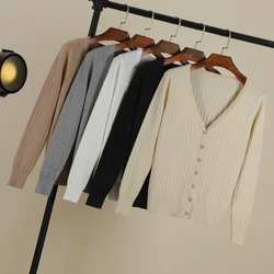 V-neck Cropped Knitting Knit Ladies Basic Women's Coat Spring 2024 Blouses Long Sleeve Top Jersey Knitted Sweater Korean Fashion