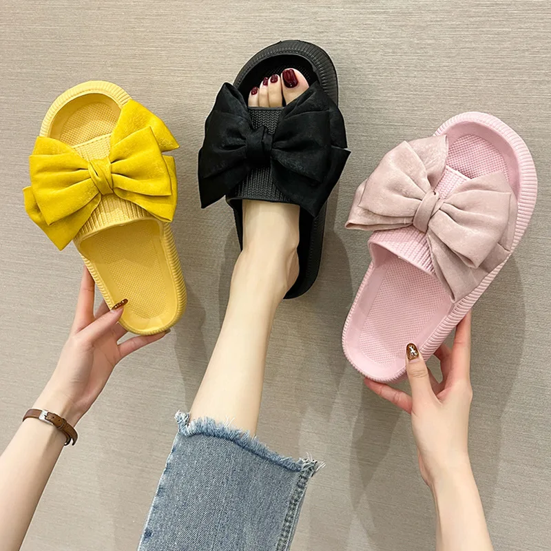 

Oversized Butterfly-knot Decorate Women Slides Outdoor Beach Non-slip Woman Slippers Solid Light Sandals Summer New Female Shoes
