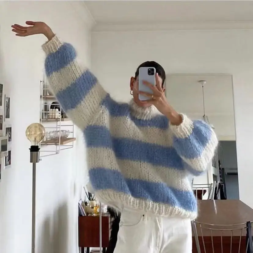 Little Fresh Spring and Autumn New Handwoven Loose Lazy Mohair High Neck Women\'s Knitted Sweater Blue and White Striped Top