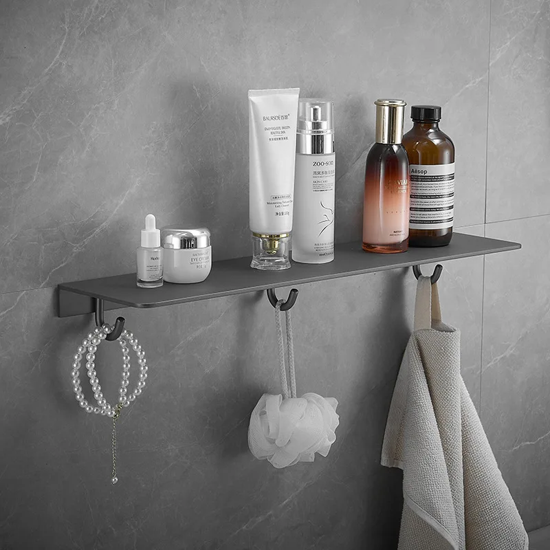 

Aluminium Bathroom Shelf Gunmetal Grey Perforated Installation with Hooks Bathroom Hardware Accessorie Stylish Minimalist Design