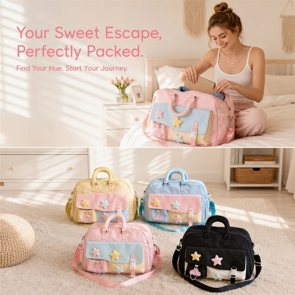 Large Capacity Macaron Color Travel Duffle Bag Star Portable Gym Shoulder Bag Multi-pocket Polyester Handbag Short Trip