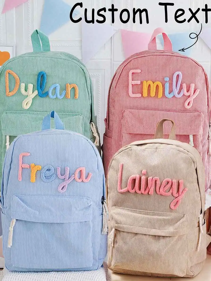 1 mochila de pana personalizada para hombres y mujeres, letras bordadas a mano personalizadas, mochila de tela colorida