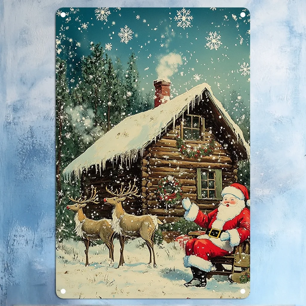 Rustic Tin Christmas Wall Art, Festive Santa and Reindeer Winter Scene, Snowy Cabin Decor, Holiday Wall Hanging for Home & Outd