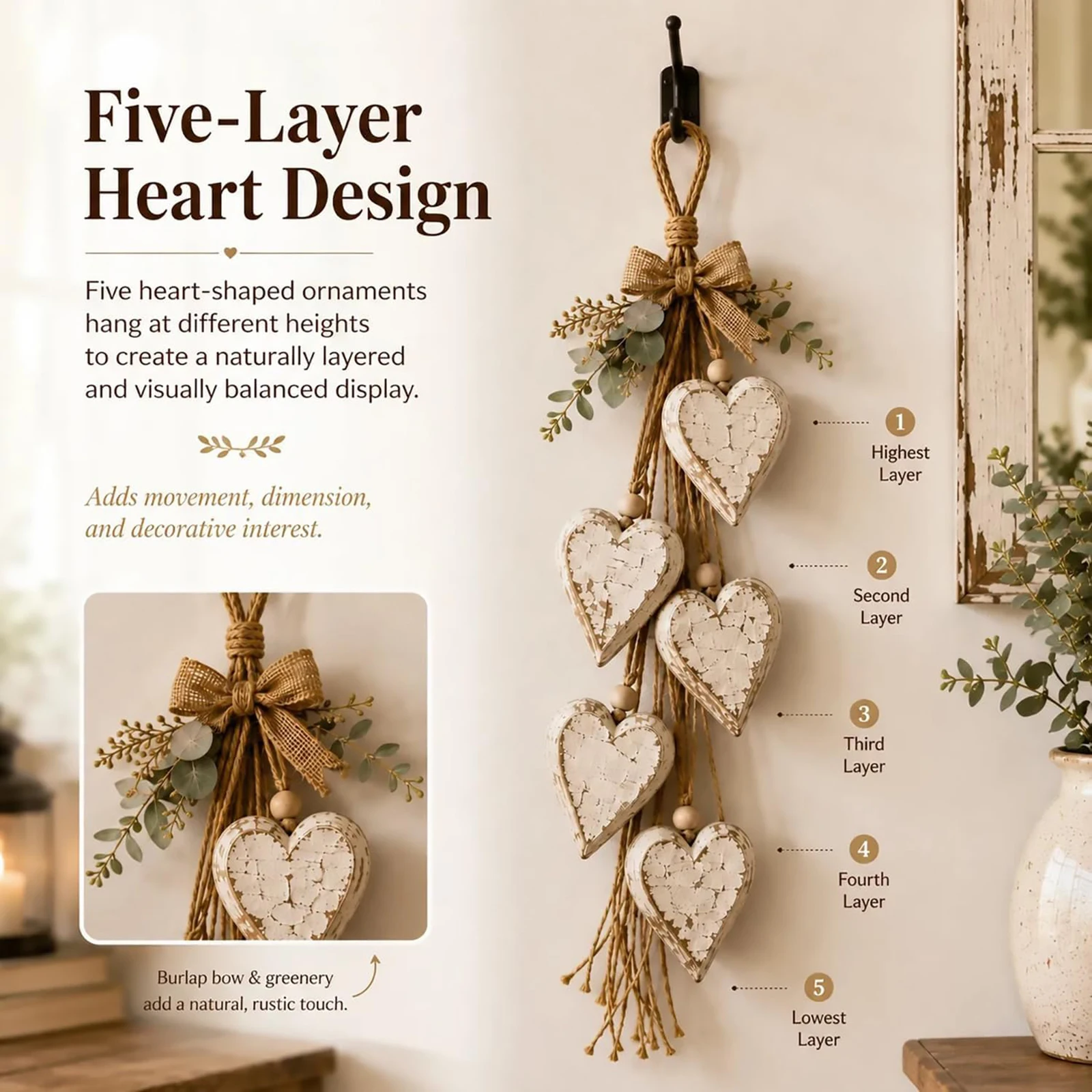 5 Layered Heart Wall Hanging Rustic Farmhouse Distressed Wood Jute Rope Boho Home Decor Art