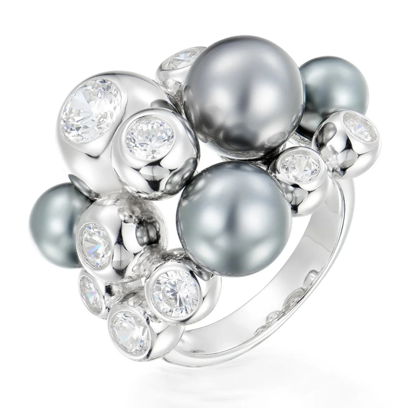 Luxury Gray Pearl Cluster Cocktail Ring 925 Sterling Silver Statement Fine Jewelry for Women's Engagement Proposal Birthday Gift
