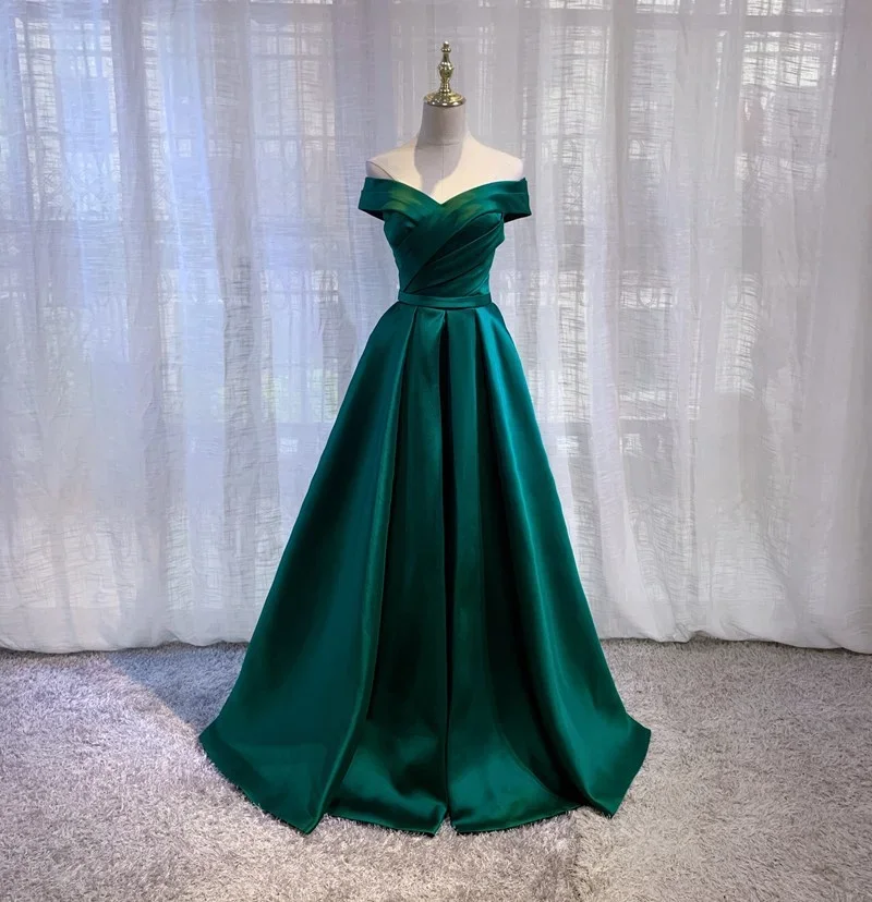 Customized Elegant Long Satin Evening Dresses Off The Shoulder Prom Dress Women Slim Waist Green Formal Gowns Wedding Maxi Dress