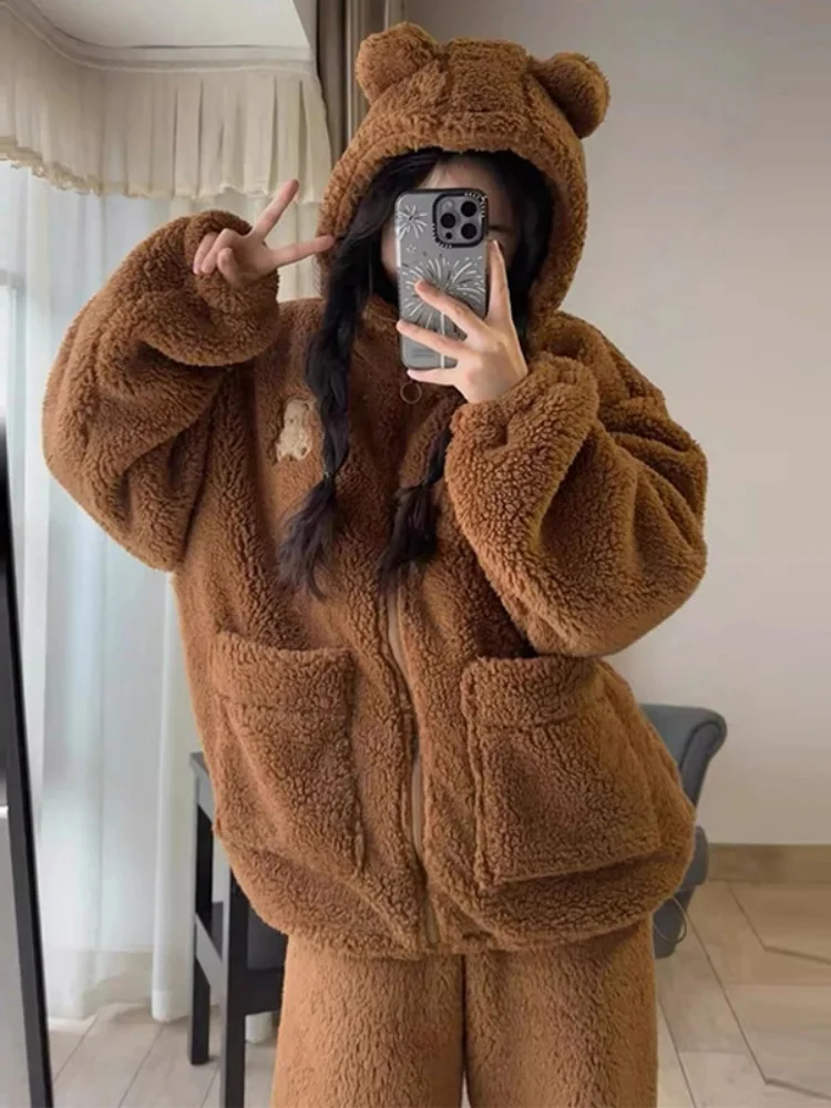 2-pcs ouple's Pajamas Cartoon Fleece Pyjama Flannel Anime Robes Adults Animal Pajamas Women Men Warm Winter Cute Bear Sleepwear