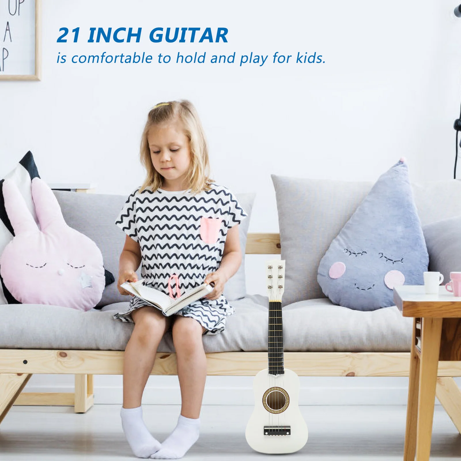 

21Inch Childrens Acoustic Guitar Folk Instrument Wooden Craft For Kids Beginners Musical Toy White