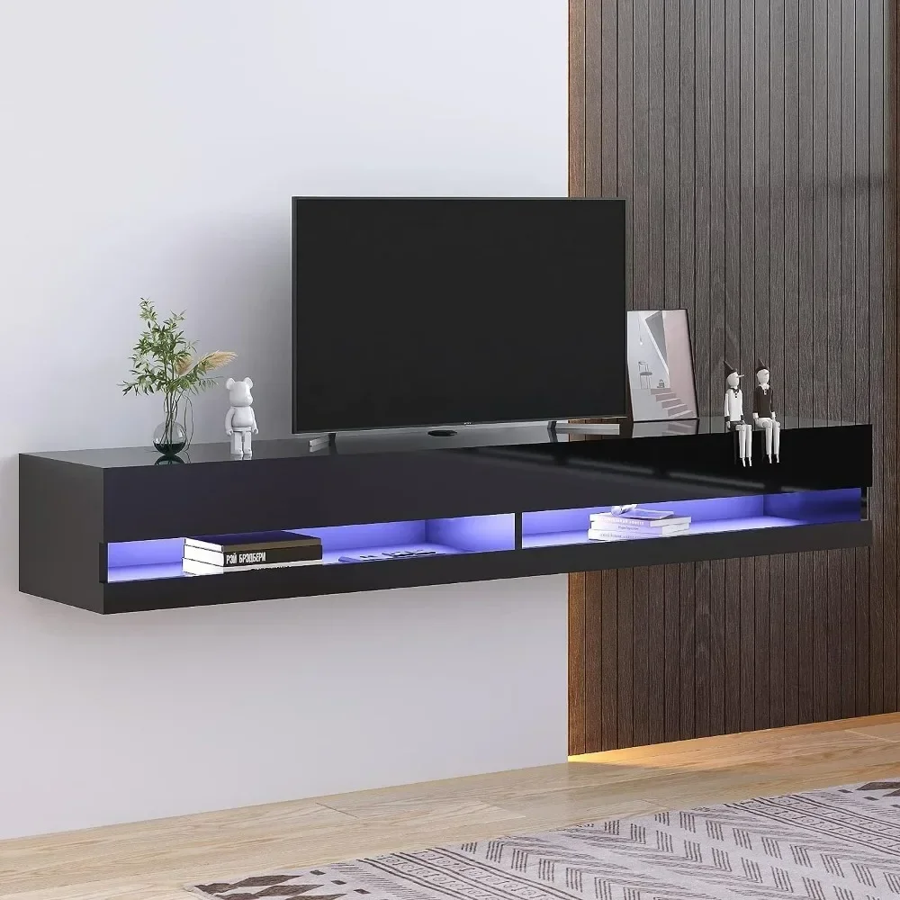 Floating TV Stand for TVs Up to 85 inch, 71'' Media Console with LED Lights and Power Outlets, Wall Mounted Hanging TV Shelf