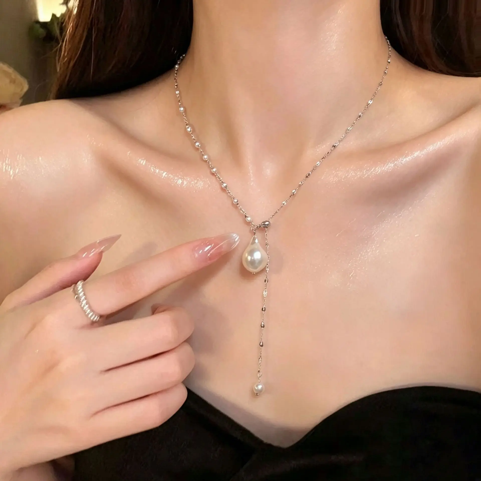 Minimalist Y Shaped Teardrop Pearl Pendant Sliding Adjustable Lariat Necklaces for Women Stainless Steel Chain Party Jewelry