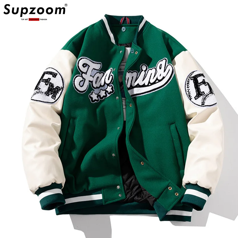 Supzoom New Arrival Top Fashion Loose Teenagers Preppy Style Rib Sleeve Short High Street Towel Embroidery Baseball Jacket Men