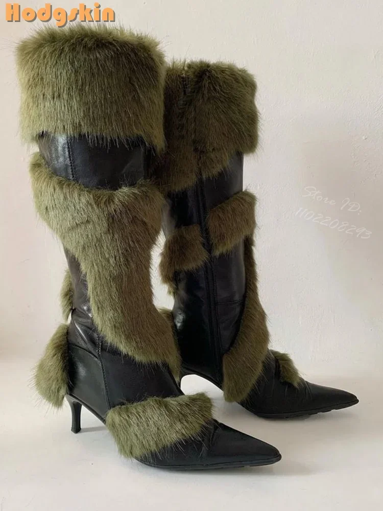 Faux Fur Patchwork Boots Retro Sewing PU Knee-high Boots 2025 Autumn New Women Fashion Shoes Pointed Toe Side Zipper Stiletto