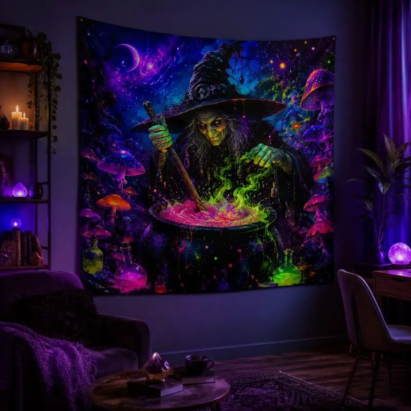 VIKAMA Witch Starry Sky Fluorescent Tapestry, Neon Bohemian Wall Hanging Decor for Bedroom Living Room, Galaxy Home Art Cloth