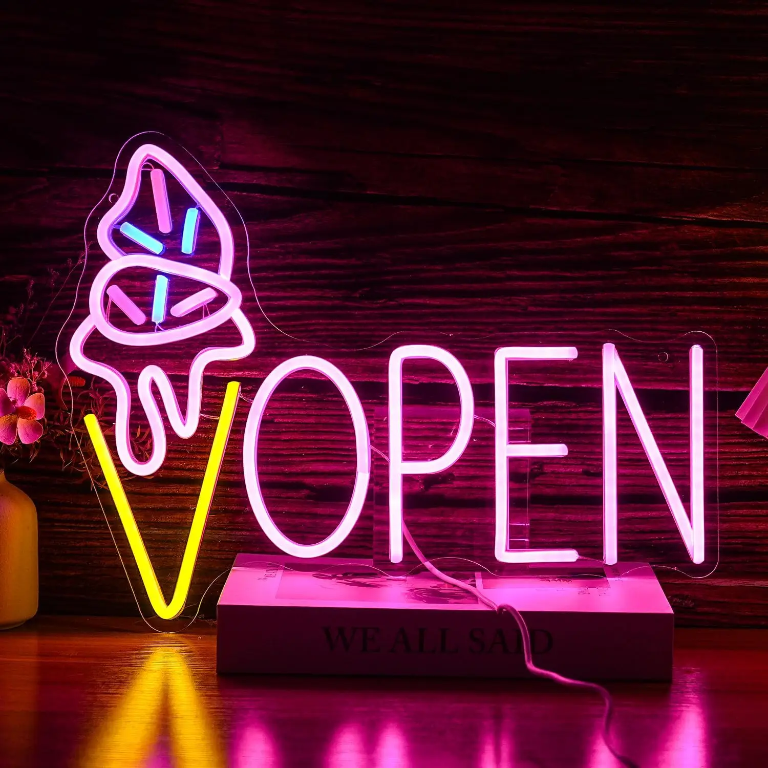Ice Cream Open Neon Sign LED Light Up Dimmable for Ice Cream Sign for Dessert Shop Cake Shop Home Cafe Decor Girl Birthday Gifts