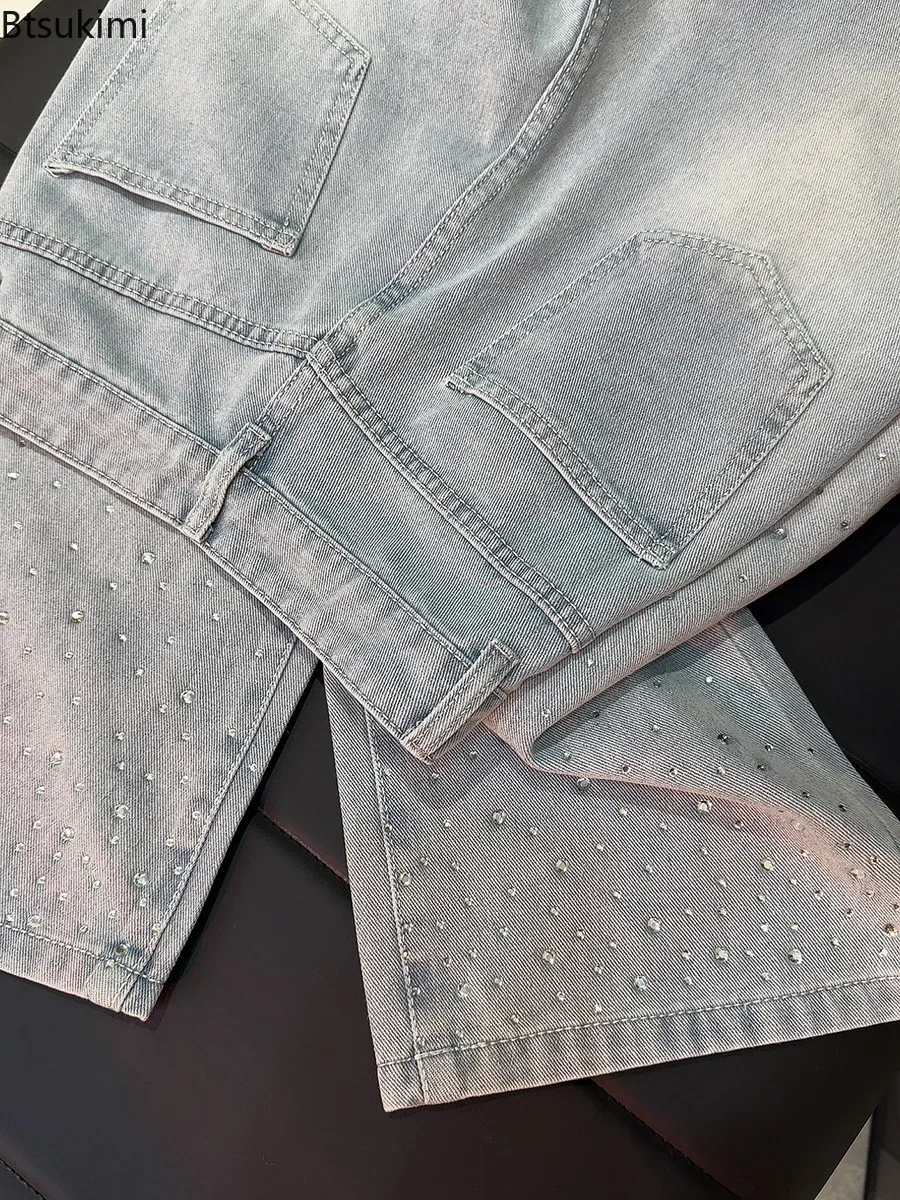 Lente nieuwe dames diamanten denim broek mode glanzende losse casual wijde pijpen broek 2025, vrouwtjes straat hoge taille rechte jeans