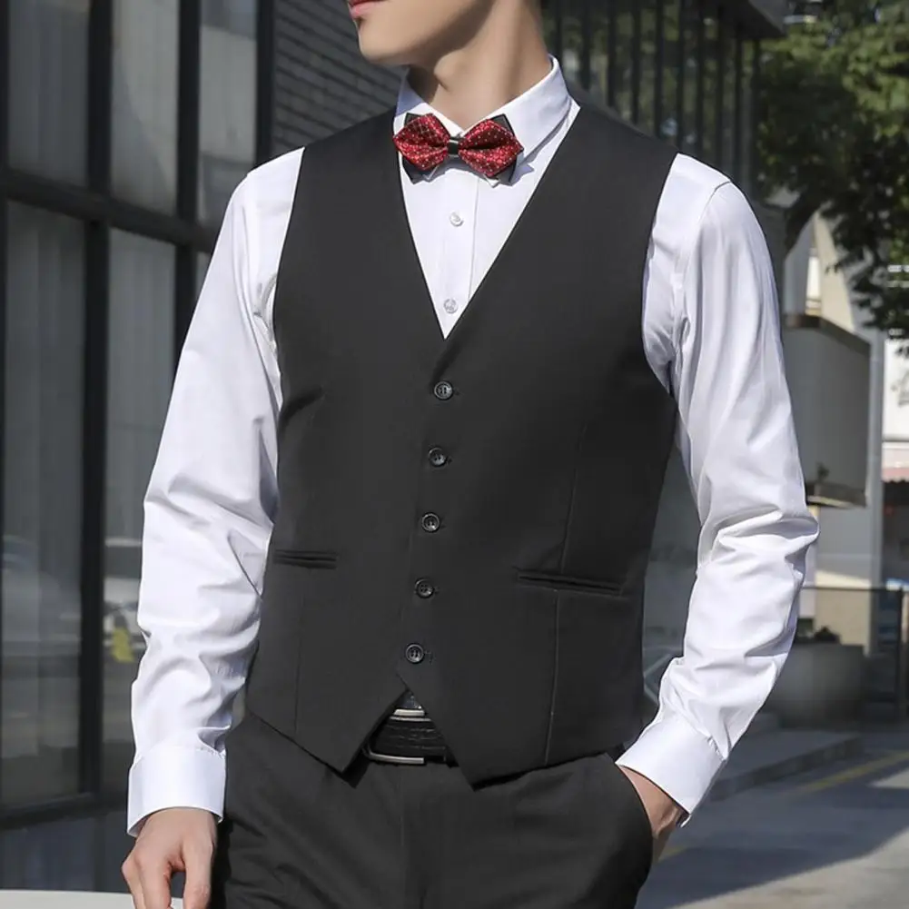 

Crisp Texture Men Suit Waistcoat V-neck Sleeveless Single Breasted Suit Vest with Pockets Solid Ergonomic Tailoring Waistcoat