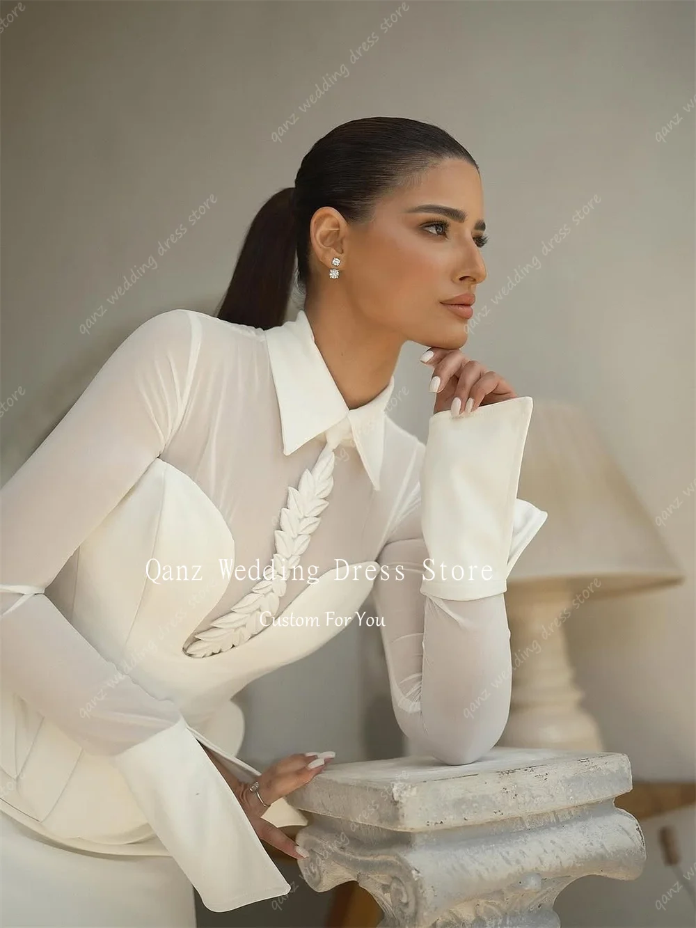 Qanz Minimalist Mermaid Wedding Dresses Women Long Sleeves High Neck Robe De Mariée Satin Vestidos De Noiva 2026 Customized