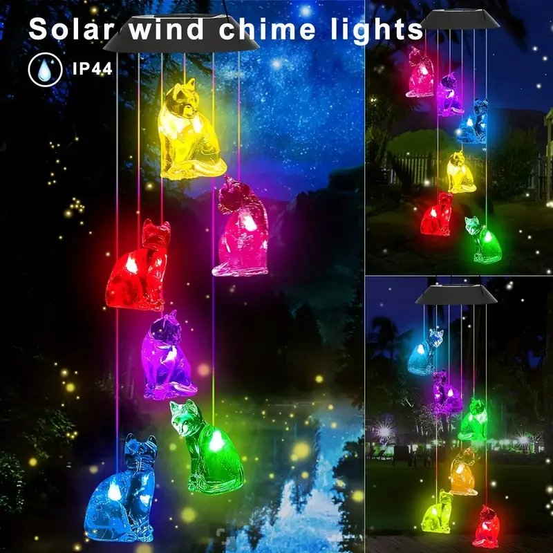 Cat Solar Wind Chimes for Outside, Color Changing Outdoor Wind Chimes Solar Powered Mobile Hanging WindChime for Window Decor