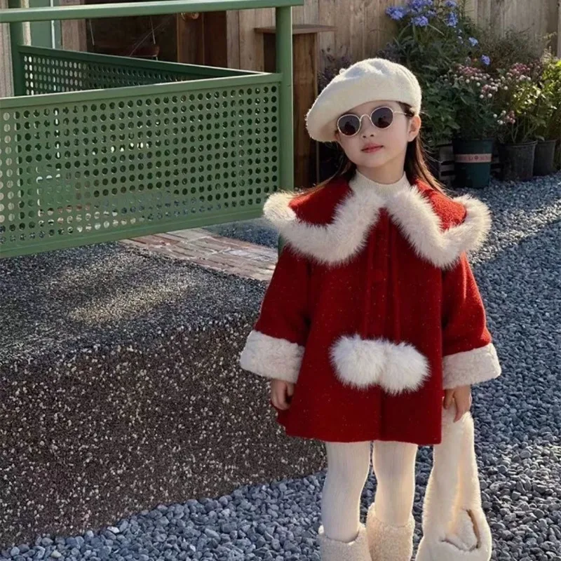 

Super Cute Girls' 2025 Winter New Red Faux Fur Lined Thickened Cold Resistant Chinese New Year Celebration Coat for Kids