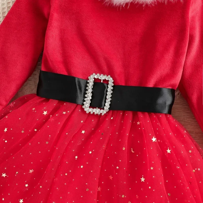 2024 niñas invierno rojo manga larga cuello redondo volante cintura alta otoño vestido de Navidad diadema tutú vestidos de fiesta MN3