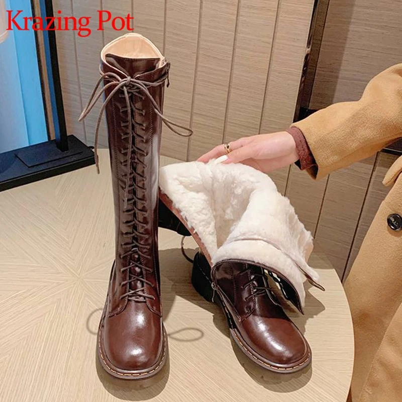 Krazing Pot Vintage Cow Split Leather Wool Snow Boots Winter Keep Warm Round Toe Cross-tied Med Heels Platform Thigh High Boots