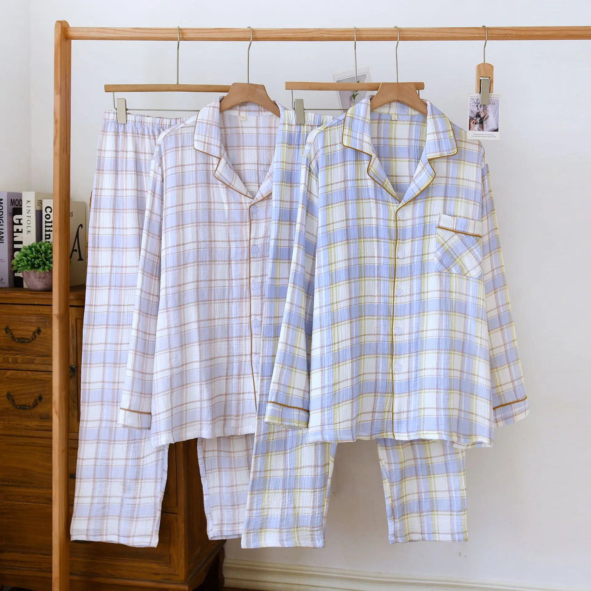 

Мужской домашний костюм из двухслойного хлопка в клетку, с длинными рукавами и длинными брюками, 2 предмета, пижамный комплект, одежда для сна