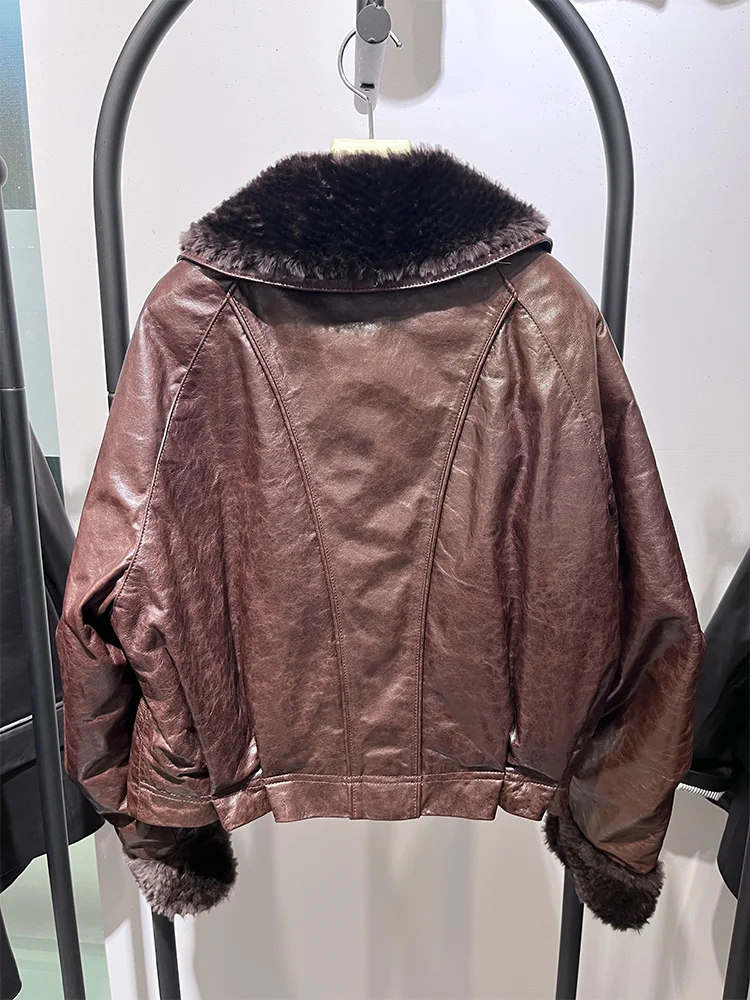 المرأة أوزة أسفل سترة جلد الغنم الحقيقي سترة الطبيعية ميرينو الأغنام الفراء طوق معطف قصير فاخر دافئ سترة منفوخة #4