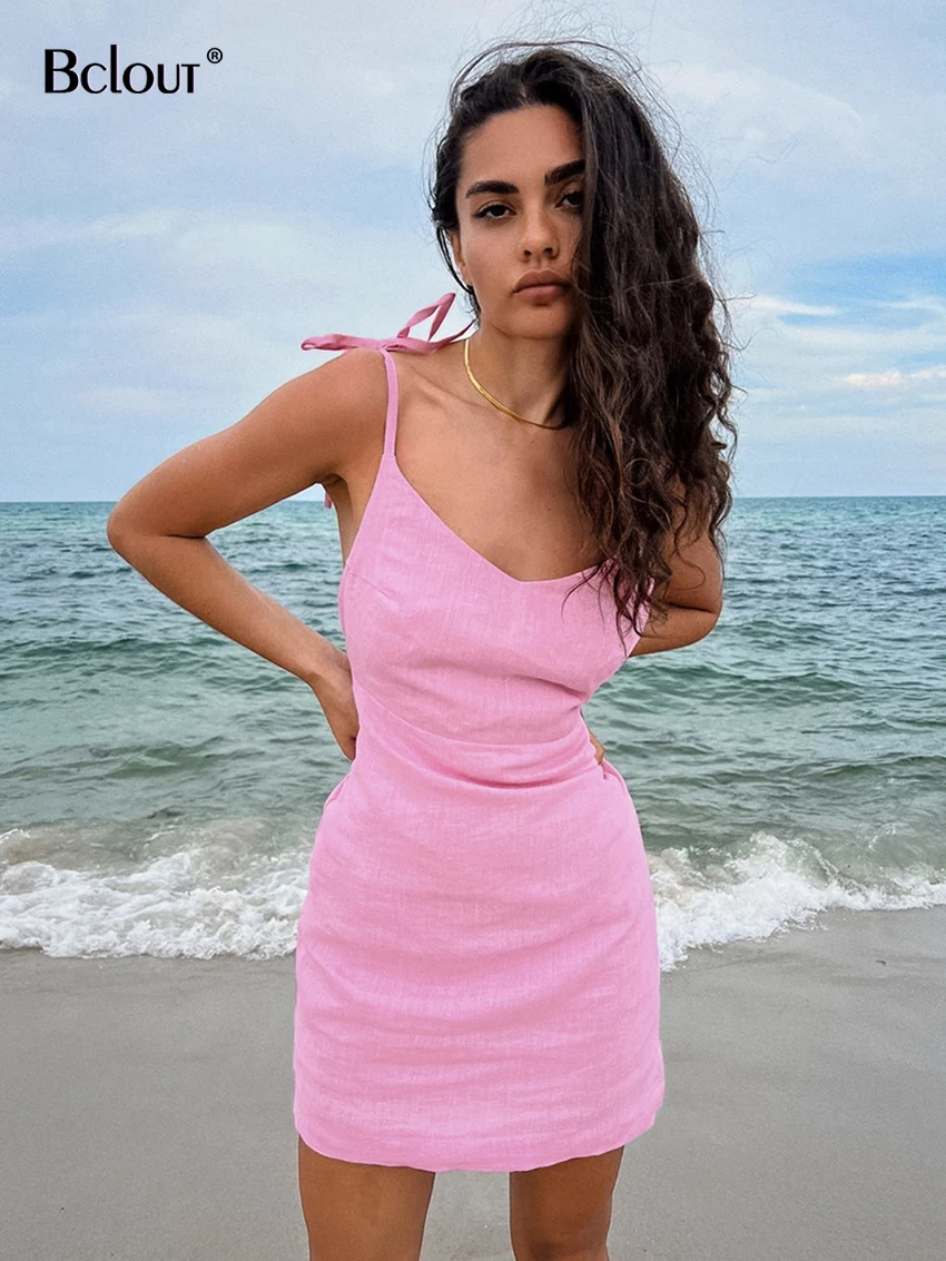 Bclout Summer Linen Pink Dress Women 2024 Fashion Spaghetti Strap V-Neck Sexy Mini Dresses Casual Cotton Solid Party Slim Dress