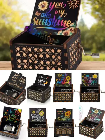 Wooden hand cranked music box, you are my sunshine music painting boutique gift, music box