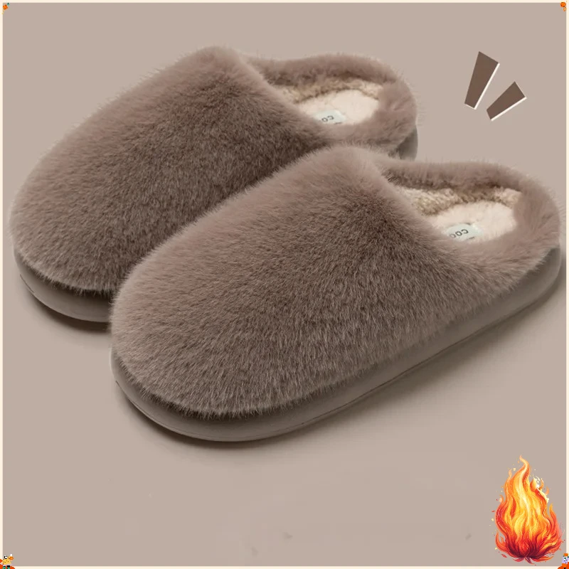 Winter Women Faux Fur Slippers Warm Plush Closed Toe Non-slip Thick Sole Soft Cotton Indoor House Shoes Home Slides Indoor Home