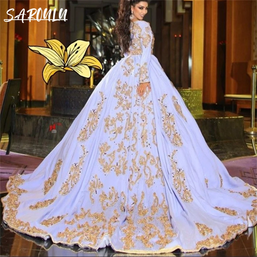 Moroccan Wedding Dress Long Sleeve Gold Lace Ball Gown Kaftan Prom Dress Evening Formal Gown Royal Waistline Muslim Customized