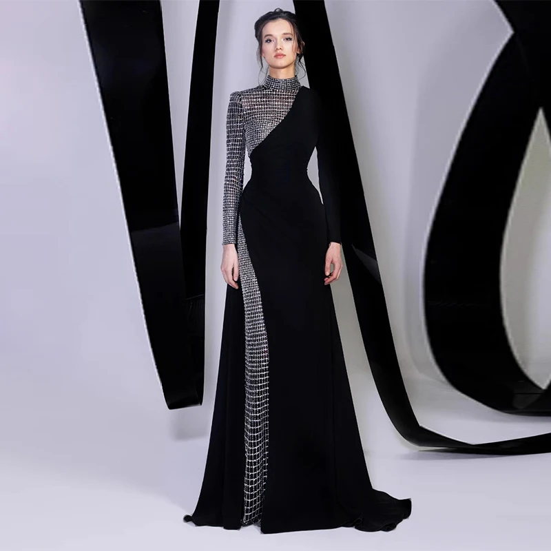 L441 Hot Sale Black High Neck Long Sleeves Crepe Sliver Beaded  فساتين السهرة vestidos de fiesta  فساتين سهره evening dresses