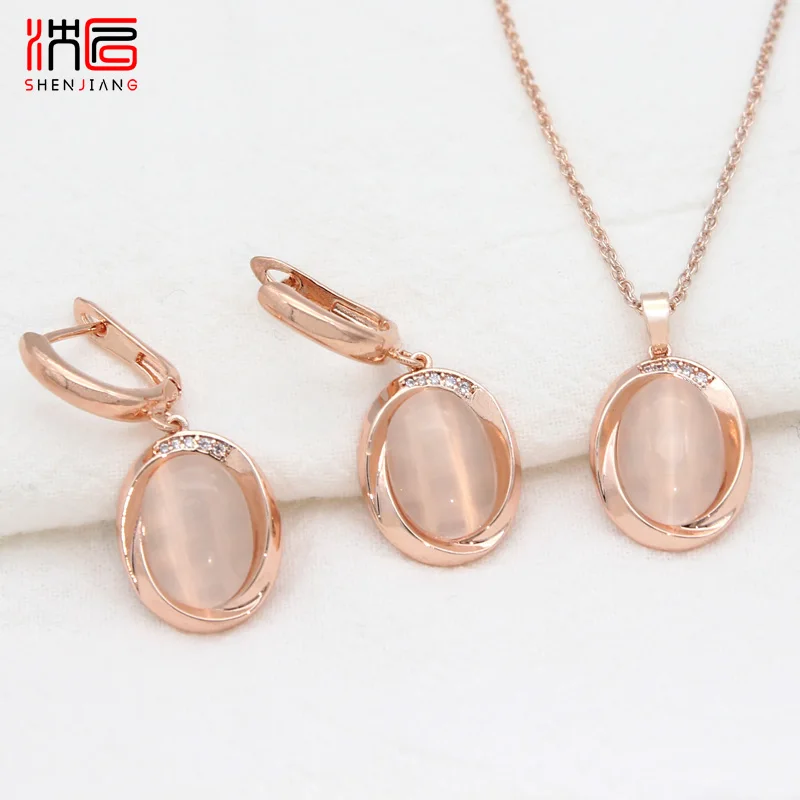 SHENJIANG New 585 Rose Gold Color Egg Shape Oval Opal Cat's Eye Dangle Earrings Jewelry Sets For Women Wedding Pendant Necklace