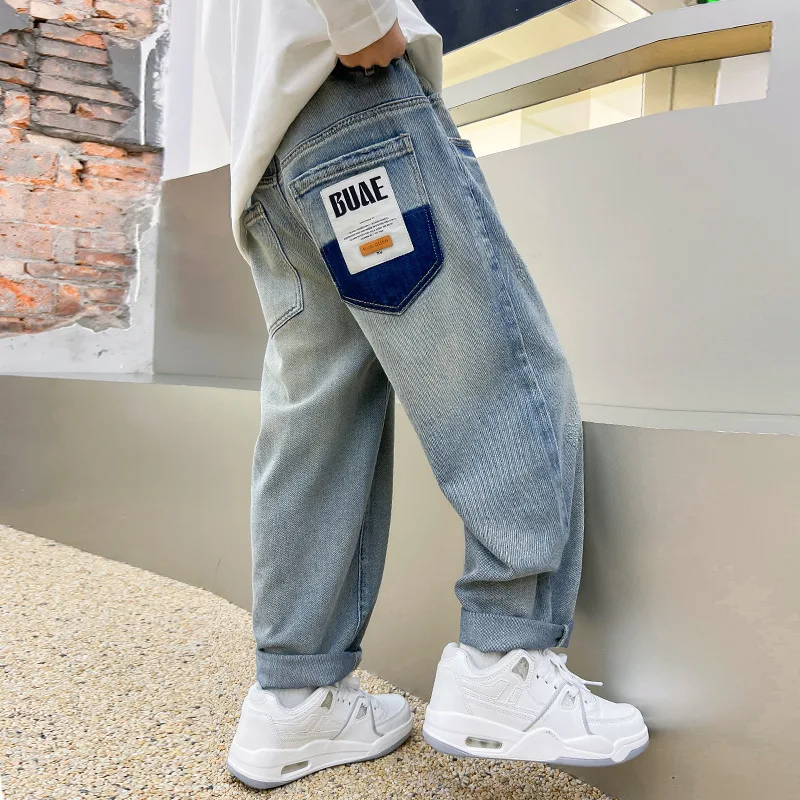 4-15T Boys Jeans For Spring Autumn New Fashion Letters Print Elastic Waist Pockets Children'S Denim Pants 120-170 High Quality