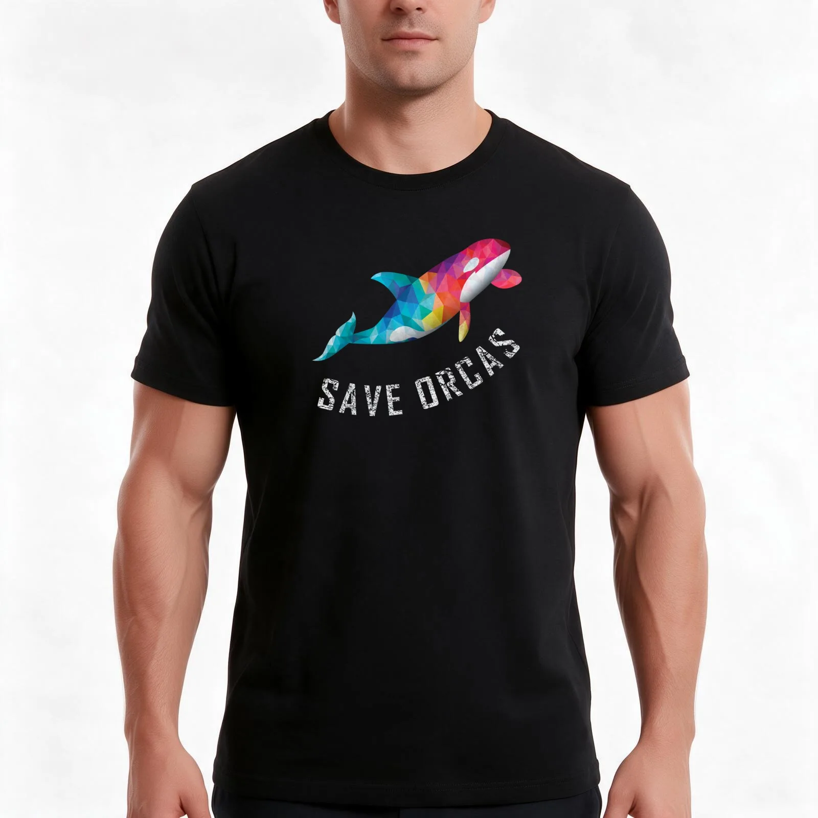 Save Orcas Whale Lover Retro Rainbow Polygonal Style T-Shirt, Summer Casual Cotton Tee, Oversized Streetwear Tops, 100% Cotton