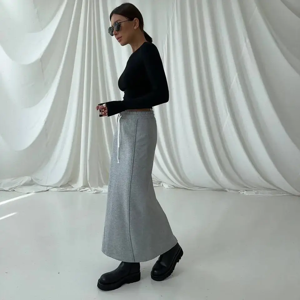 Women Skirt High Waist Drawstring Long Skirts A Line Knit Spliced Casual Outwear Elegant Lady Office Lady Regular Autumn